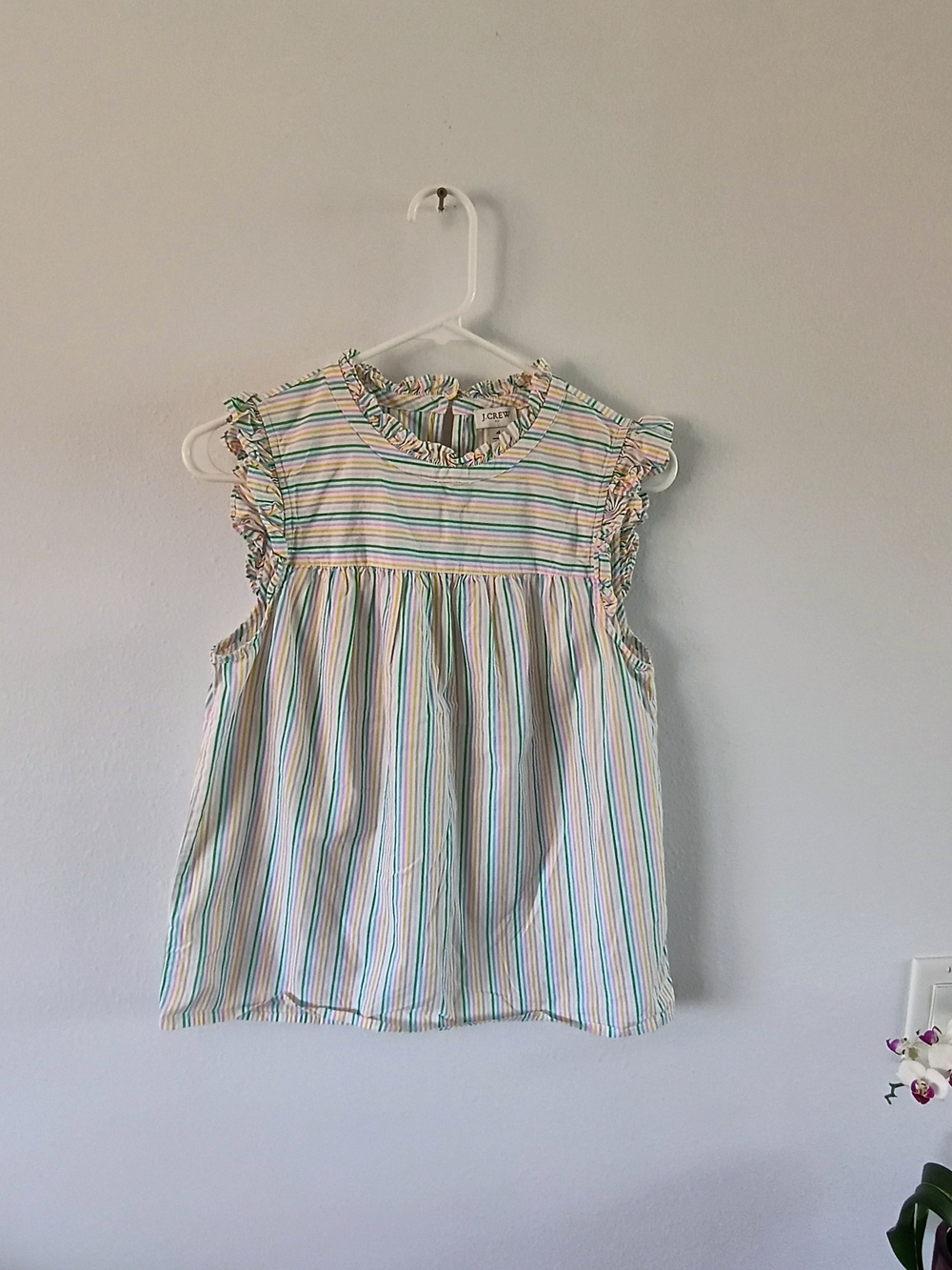 J.Crew Womens Size 4 Pastel Stripe Flutter Sleeve Ruffle Neck Cotton Blouse Top